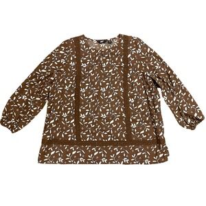 Lands End 2X Brown‎ White Leaf Print Lace Trim Cotton Blend Tunic Blouse Cottage